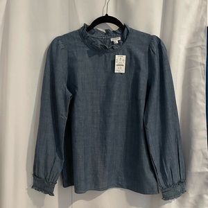 NWT J.Crew lightweight denim, ruffle collar, puff sleeve, size S